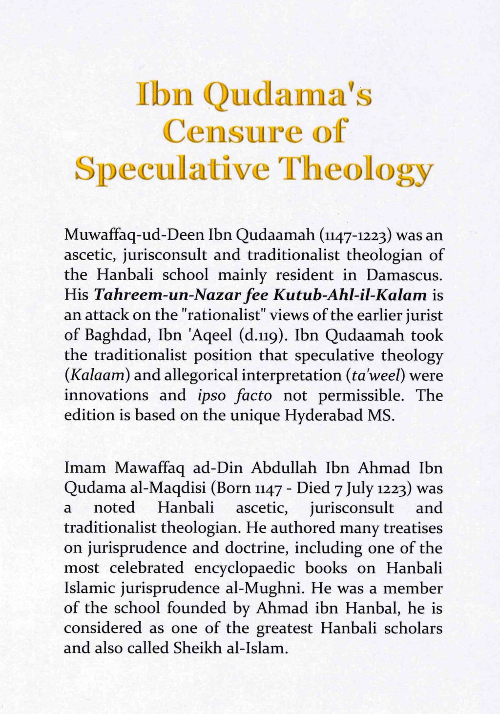 Ibn Qudama's Censure of Speculative Theology by Makdisi Al